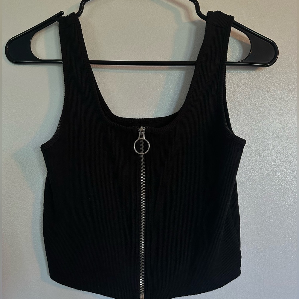 Wild Fable Black Ribbed Zip Up Tank Top